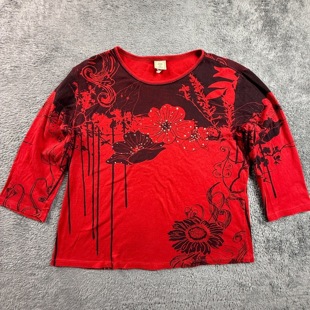 Jess & Jane Womens Floral Top Red Blouse Rhinestones USA Size XL Y2K 3/4 Sleeve